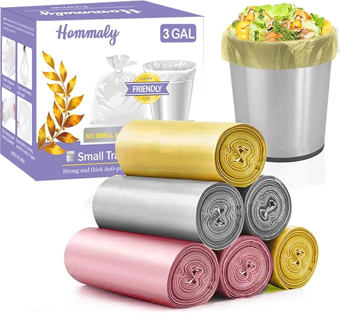 3 Gallon 180pcs Small Multi Trash Bags Strong Pink Grey Gold Garbage Bags,Plastic Bathroom Trash Can Bin Liners Unscented,Waste Basket Liner Fit 10-13 Liter,2.5-2.6 Gallon,3.2Gallon(3-PGG180)