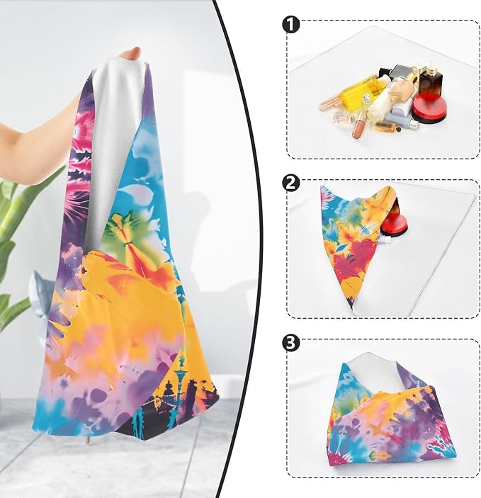 JIPONI Tye-dye Rainbow Makeup Bag, Self-Adhesive Magic Wrap Cloth, Portable Cosmetic Organizer, Camera Lens Protector, Travel Storage for Beauty Essentials, 13.8"x13.8"