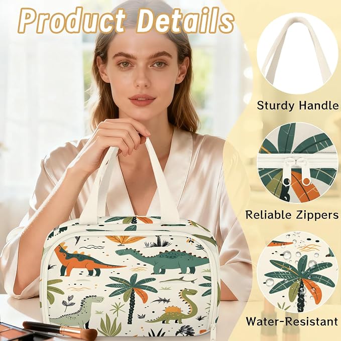 Cute Dinosaur Travel Toiletry Bag with Handle | Wet & Dry Separation, Full-Size Bottle Friendly, Leak-Proof, Waterproof, Easy to Clean, for Travel, Gym, Home