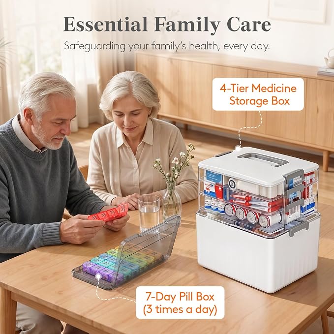 Lifewit 4-Tier Extra-Tall Medicine Cabinet Organizer with Handle& Pill Case | Deep Bottom Fits 7.1" Bottles, Portable Empty First Aid Box for Vitamin, Sewing, Tackle, Tool, Bathroom Under Sink Storage
