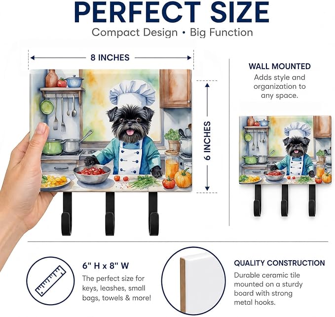 Caroline's Treasures Affenpinscher The Chef Leash or Key Holder Wall Hooks, Key Hooks Holder, Coat Rack Wall Mount, Coat Hooks, Hooks for Hanging Keys, Towels, Aprons, Leashes | Affenpinscher The Chef artwork on ceramic tile with three steel hooks for ...
