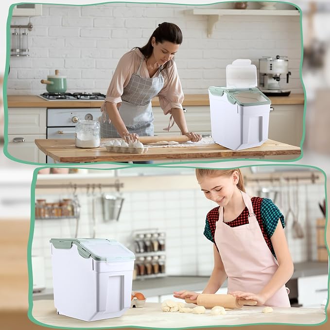 Sunnyray 4 Pcs 55 lbs Grain Rice Storage Container Flour Bin with Wheels Cup Leak Proof Pet Food Storage Boxes Seal Locking Lid Plastic Rice Containers Set for Cereal Flour Cat Dog Food (Green)