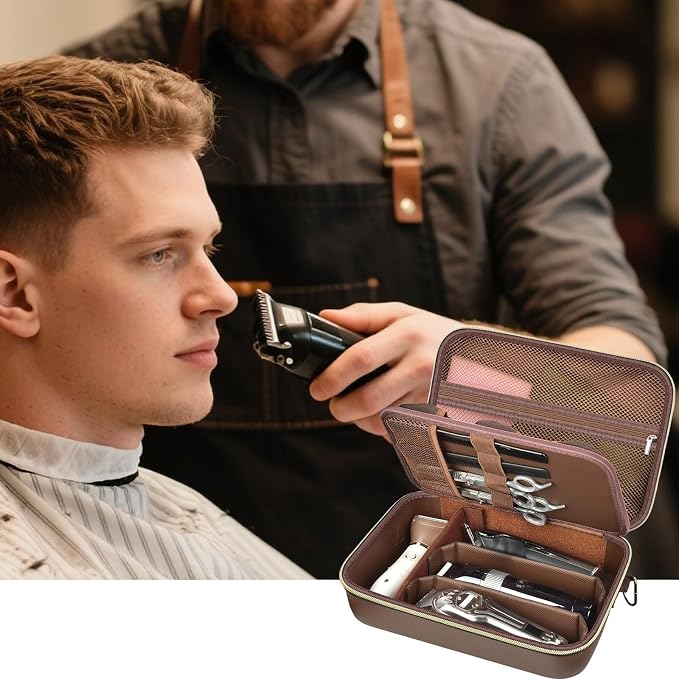 Barber Case for Hair Clippers, for Wahl, for Ufree and for Andis, Case Only | Trimmer Tools Storage Organizer, Easy-Clean PU Interior, for Barbers/Stylists/Pet Groomers, Travel/Home/Salon Use, Brown