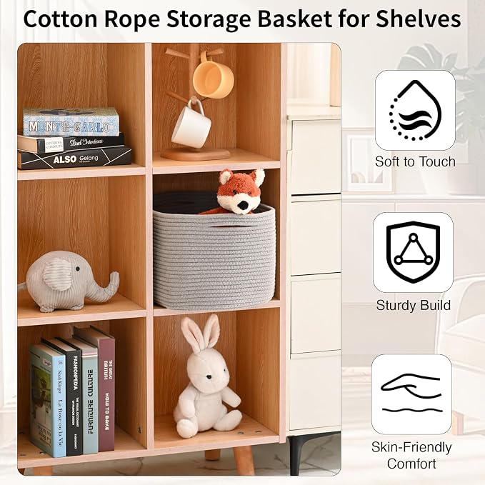 ICERZCZ Woven Cotton Rope Storage Basket for Organizing, Cute Decorative Baskets for Gifts Empty, Organizer Bins for Dog Toy, Baby Laundry, 17“×13”×9.5“, Light Grey