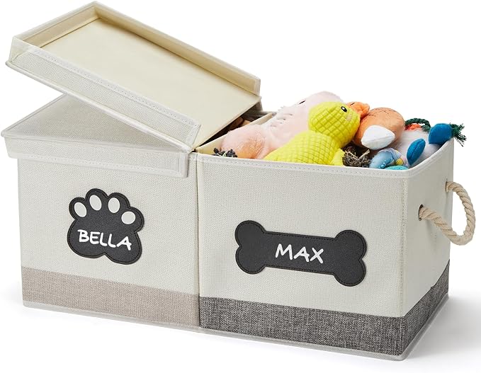 Dog Toy Basket Foldable Pet Toy Box Storage Bin with Lid, 21.7×9.8×9.8" | 34L Collapsible Box,Fabric Dog Storage Box with Handle,Name Label and Fexible Divider, Organizer for Living Room, Beige