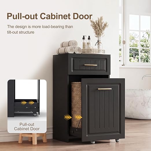 ZIFTY 13 Gallon Pull Out Trash Can Cabinet Kitchen, Laundry Hamper, Black | Pet Proof, Freestanding Kitchen Cabinet, Hideaway Drawer, Wooden Garbage Recycling, Modern Farmhouse Waste Bin Furniture