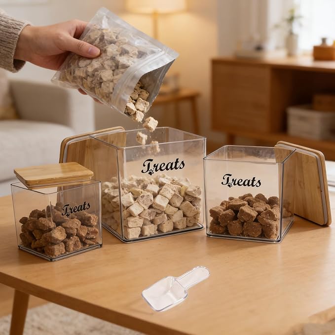 3-Piece Dog Treat Container Airtight, Square Dog Food Container With Bamboo Lid,Clear Pet Treat Bins for Kitchen Counter and Pantry,Ideal for Pet Owner
