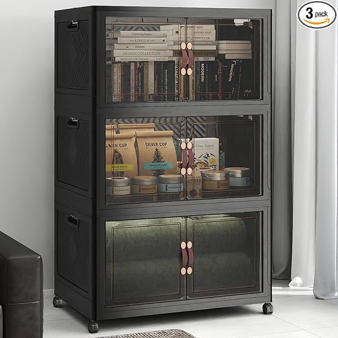 Stackable Storage Bins with Lids, 540QT Lockable Storage Cabinet | Folding Storage Box with Doors and Wheels, Collapsible Plastic Drawers for Home, Garage, Office