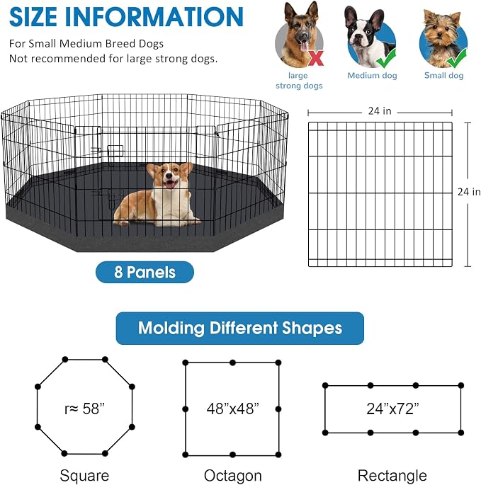 Artmalle 24-Inch Dog Playpen with Bottom Pad, 8-Panel Rustproof Fence | Eight 24"W x 24"H rustproof metal panels with waterproof 600D Oxford octagonal bottom pad for indoor, outdoor and RV use.