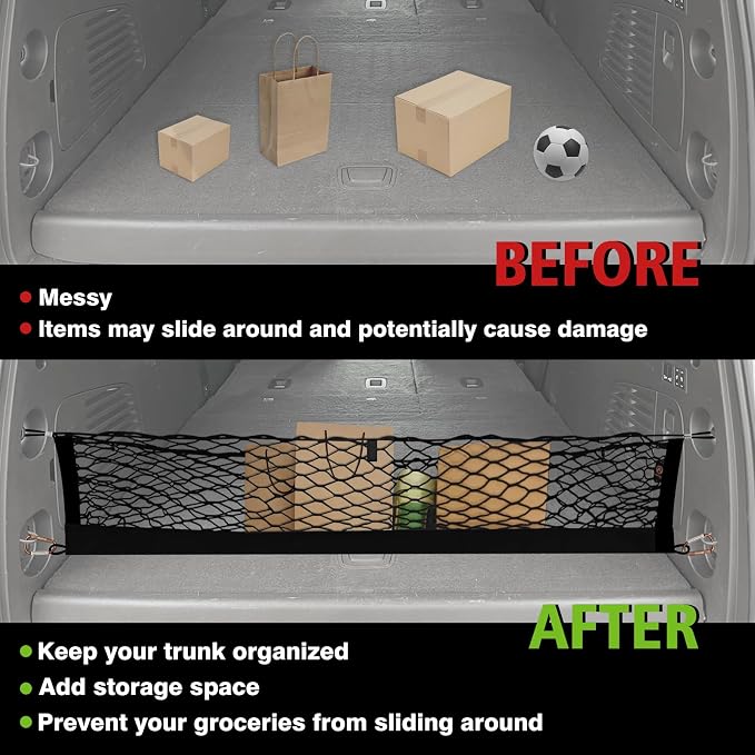Muslogy Cargo Net for 2015-2020 Chevy Tahoe, GMC Yukon, Cadillac Escalade | Custom Fit, Trunk Storage Organizer Net for SUV Sedan Van Divider, with Heavy Duty Carabiners, Night Visible Grab Handle