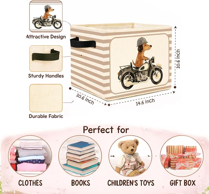 Motorcycle Dog Storage Bin, Beige Stripe Foldable Fabric Basket | Cute dog rider collapsible fabric organizer for nursery, bedroom, playroom, toys, books, and clothes