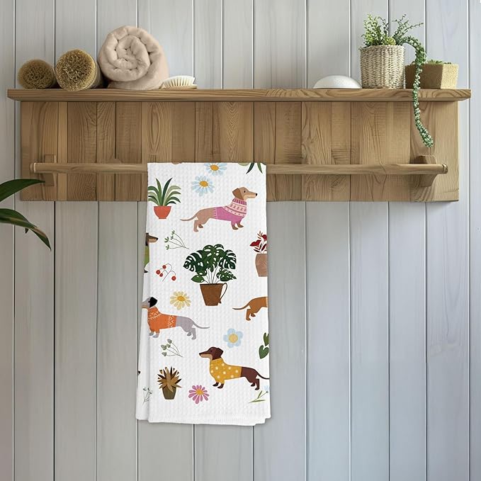 Botanical Dachshund Kitchen Towels, Weiner Dog Gifts for Women Decorative Hand Towels for Bathroom, Gifts for Dachshund Lovers Dish Tea Towels for Kitchen Decor, 16x24 Inch