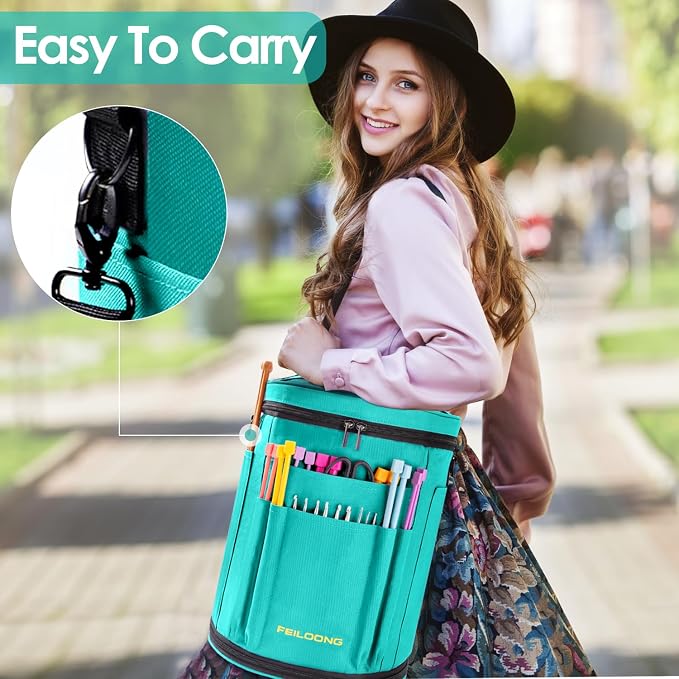Expandable Crochet Bag, Yarn Storage Organizer & Knitting Tote Bag | Multiple Pockets, with Accessories Pouch shoulder strap, Sturdy Yarn Bags with Zipper Closure, Portable, Gift for Crafters