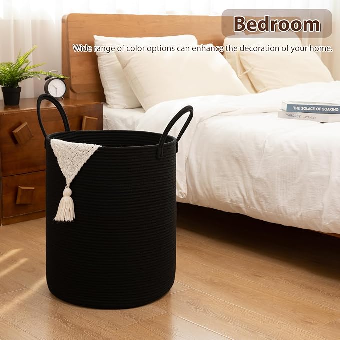 OIAHOMY 60L Nursery Hamper Laundry Basket Laundry Hamper Black | collapsible Blanket Basket Cotton Rope Woven Basket Dirty Clothes Hamper Baby Hamper Tall Clothes Hamper with Handles