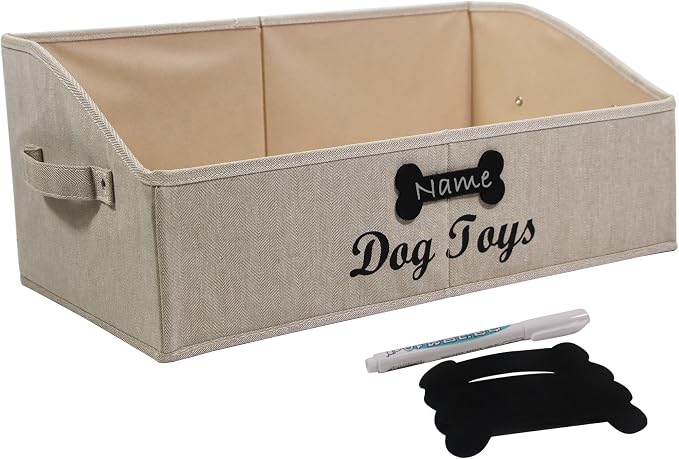 Large Dog Toy Basket Collapsible Dogs Toy Box Fabric Trapezoid Dog Toys Bin Storage for organizing pet Toys/Blankets/leashes/Rope Toys/Clothing-Can be Personalized-KhakiStripe