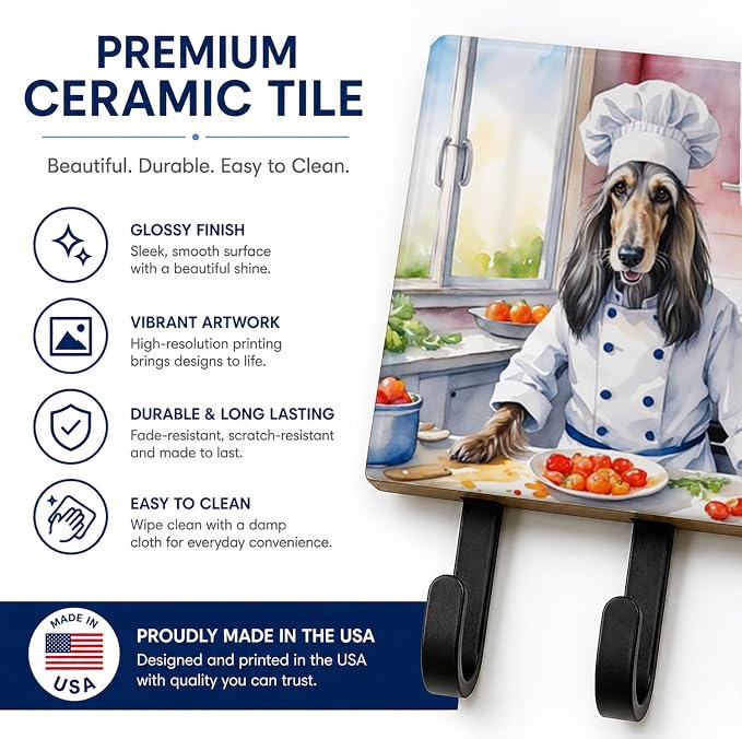 Caroline's Treasures Afghan Hound The Chef Leash or Key Holder Wall Hooks, Key Hooks Holder, Coat Rack Wall Mount, Coat Hooks, Hooks for Hanging Keys, Towels, Aprons, Leashes | Afghan Hound The Chef artwork on ceramic tile with three steel hooks for ke...