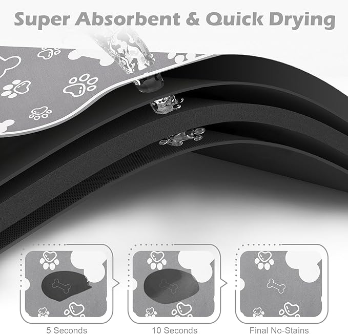 Dog Cat Food Mat,Rapid Absorbent Pet Feeding Mat, Bone Shaped Dog Placemat Water Bowl Mat with Rubber Backing,No Stains Dog Cat Food Mats Indoor, Pet Accessories Supplies 17" X 29" Grey