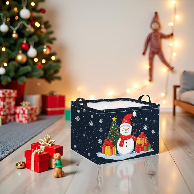 Rectangular Christmas Basket Trick or Treat Spooky Boo Basket with Handles for Women Girls Cute Storage Bin Organizer(Snowman)