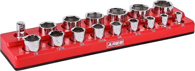 ARES 70236 16-Pc 1/2-In SAE Magnetic Socket Organizer | Part No. 70236; Holds 15 Sockets and 1 Socket Adapter; Keeps Your Tool Box Organized