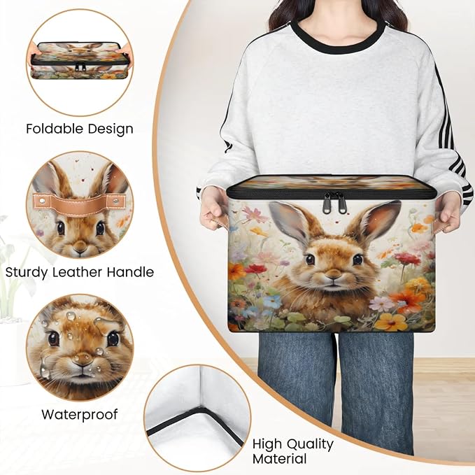 Pardick Storage Bin Easter Bunny Rabbit Storage Basket with Zipper Lid & Handle Foldable Storage Box Cube Bins Clothes Organizer for Closet, Bedroom