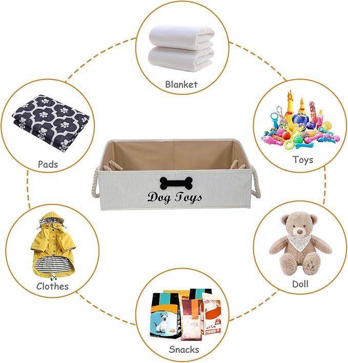 Large Dog Toys Storage Bins-Foldable Fabric Trapezoid Organizer Boxes with Cotton Handle,Can be Personalized,Collapsible Basket(Beige-Dog)