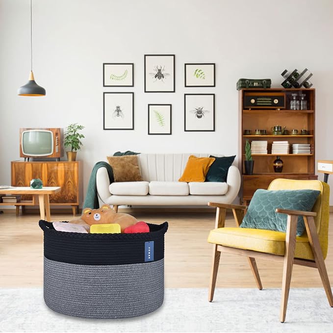 COMSE XXXLarge Woven Blanket & Laundry Basket, 87L, Black & Gray | 21.7" x 13.8", Cotton Rope, Nursery Hamper for Storage of Toys Clothes Towels, Ideal for Living Room Bedroom Bathroom