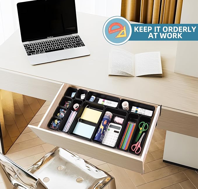 Kutesna 15PCS Interlocking Drawer Organizer, Plastic Desk Organizers Set | 3-Size Versatile Storage Bins,BPA-free, Non-slip, Fits Any Drawer for Cosmetics, Bathroom, Tools, Kitchen and Office, Black