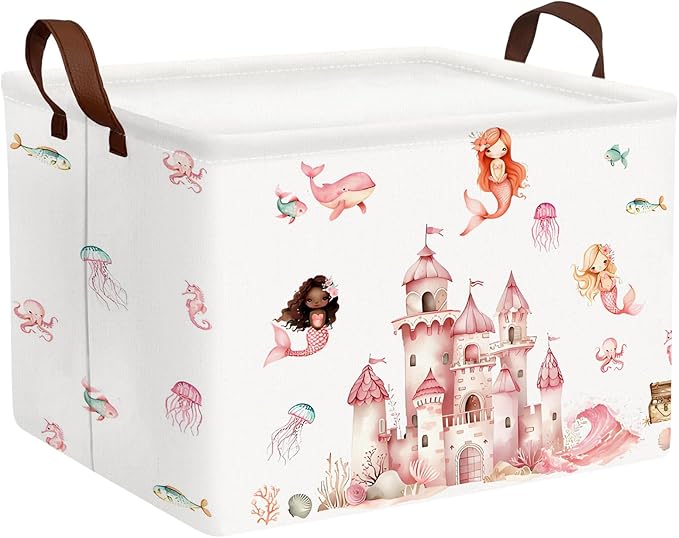 Cute Rectangle Baby Girl Gift Basket Toy Storage Bin Nursery Playroom Bedroom Decor (Pink Castle)