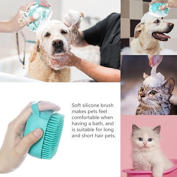 Pet Bath Scrubber Brush, Dog Grooming Massage Shampoo Bath Brush with Soap and Shampoo Dispenser Soft Silicone Bristle for Long Short Haired Dogs Cats Shower (Blue)