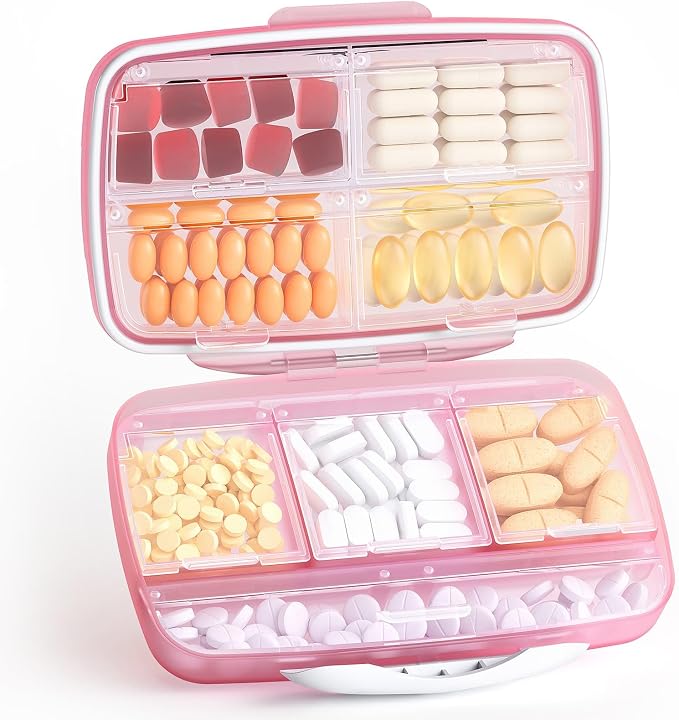 Barhon Large Pill Organizer with 8 Compartments, Large Pocket Pharmacy Travel Pill Box Moisture-Proof, Portable Vitamin Organizer for Fish Oil & Supplements (Pink)