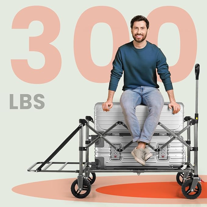 Overmont Folding Wagon with Tailgate, 300 lb Heavy Duty Collapsible Wagon Cart | Extends to 49.2 in for Tents and Canopies, Folds to 1/4 Size, Rolls on All-Terrain Swivel Wheels with Dual Brakes