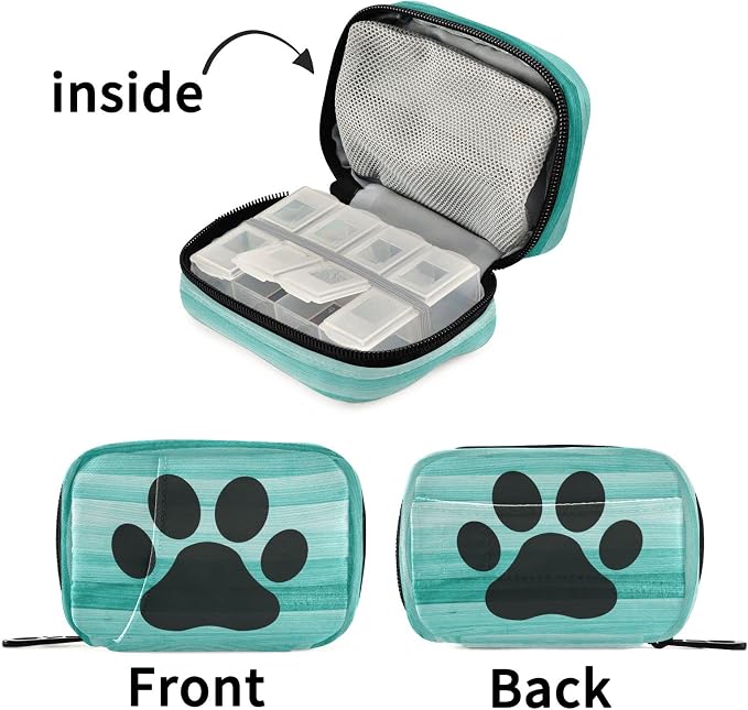 Teal Turquoise Wooden Striped Pill Case, Weekly Portable Dog Paw Pill Bag Container 7 Days Pill Box Organizer Vitamin Supplement Holder with Zipper for Travel Family Busines