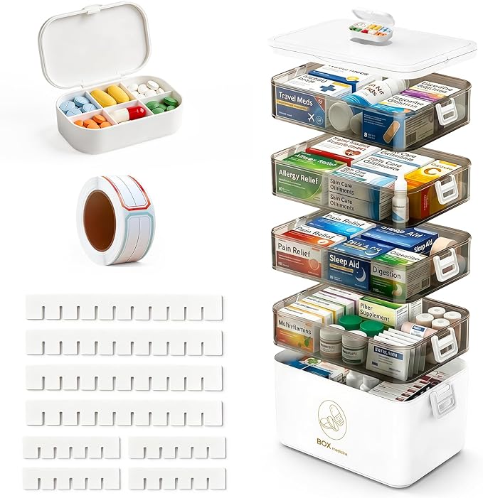 5-Tier Medicine Cabinet Organizer with Handle, Extra Large Medicine Storage Box Portable First Aid Kit, Empty Plastic Pill Organizer for Family Emergencies Home