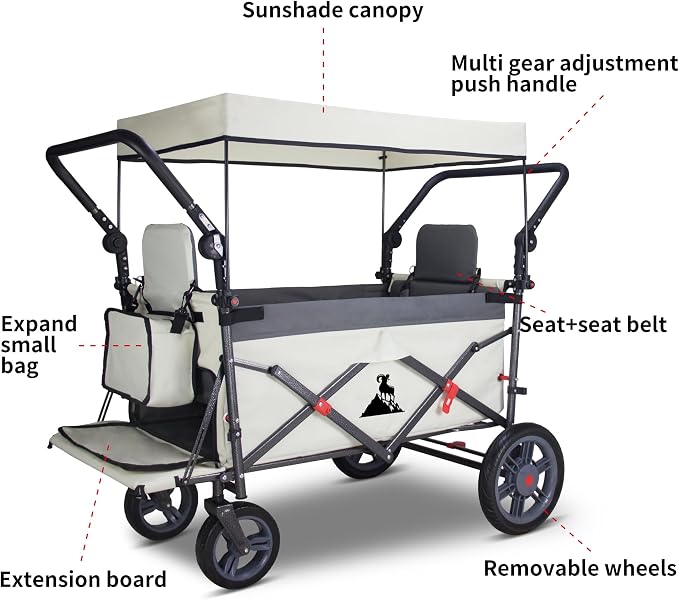 Foldable Wagon with Canopy - Collapsible Utility Cart with 2 Seats & Belts, Adjustable Handle, Expandable Front for Camping, Picnic, Shopping (Beige/Grey)
