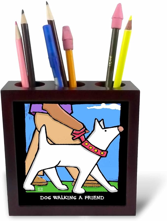 3dRose S. Fernleaf Designs Funny Dog Gifts - Dog Walker, Cartoon Dogs, Dogs, Dog, Funny Dogs, Puppies. Pets, Funny Pets, Animals - 5 inch tile pen holder (ph_36694_1)
