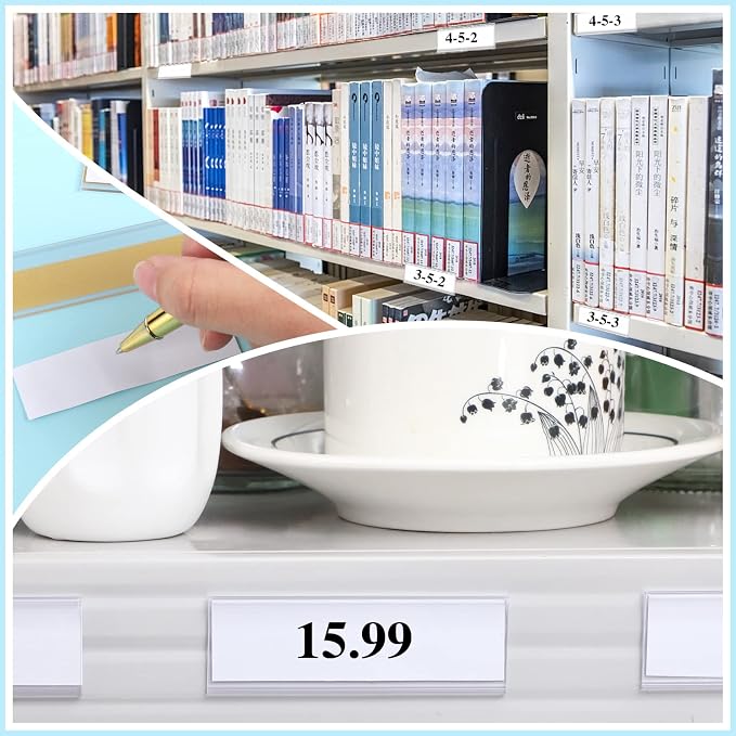 60 Set Shelf Labels, 3 x 1in Adhesive Label Holders with White Paper Tags | Includes 60Pcs Paper Tags and 60Pcs PVC Clear Label Holders for Bookshelf, Shelves, Mailboxes, Waterproof, Strong Adhesive