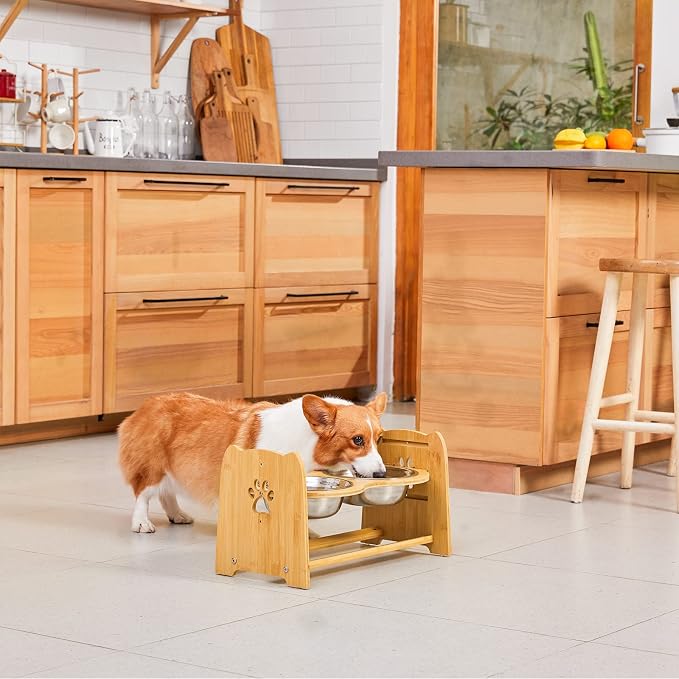 X-ZONE PET Elevated Dog Bowls for Cats and Dogs, Adjustable Bamboo Raised Dog Bowls for Large Dog, Food and Water Stand Feeder with 2 Stainless Steel Bowls Anti Slip Feet (Height 5.1" to 7.5" to 10")…