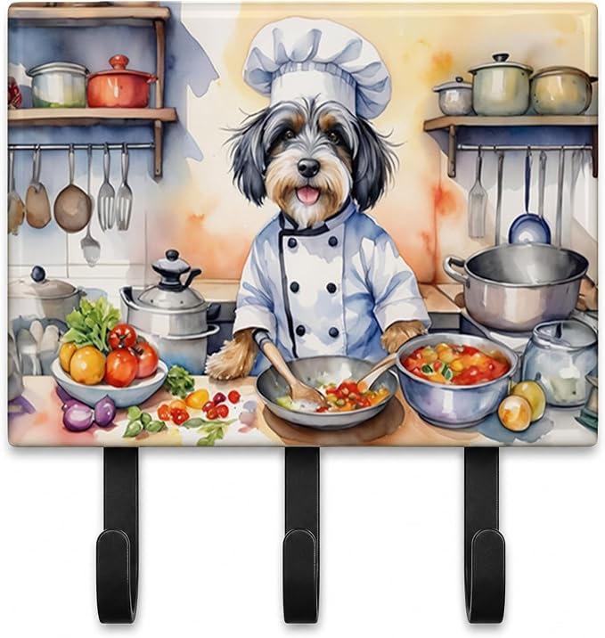 Caroline's Treasures Tibetan Terrier The Chef Leash or Key Holder Wall Hooks, Key Hooks Holder, Coat Rack Wall Mount, Coat Hooks, Hooks for Hanging Keys, Towels, Aprons, Leashes | Tibetan Terrier The Chef artwork on ceramic tile with three steel hooks ...