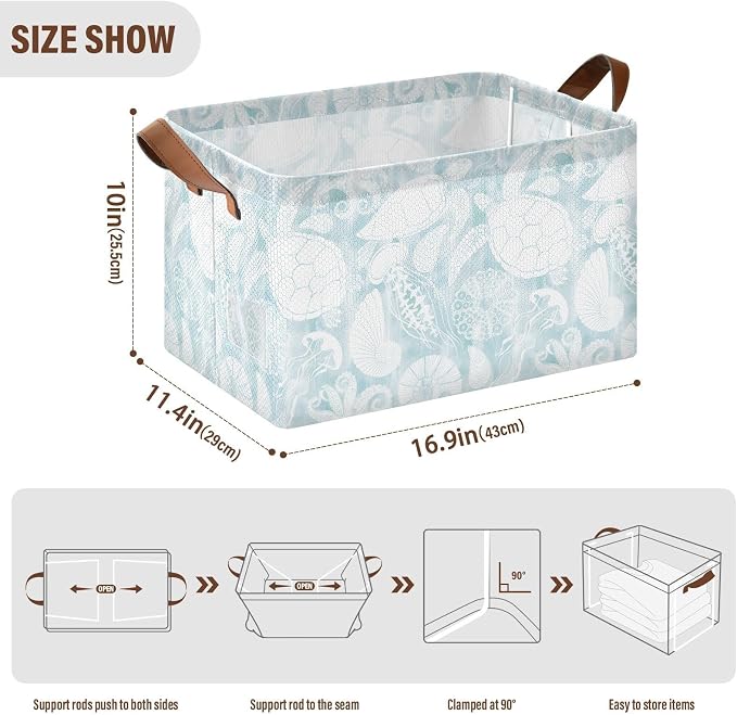 Light Blue Marine Life Turtle Coastal Storage Basket Foldable Cube Storage Bins with Handles&Label Collapsible Organizer Box Bin Large Rectangle Decorative Baskets for Shelves Home Living Room Closet