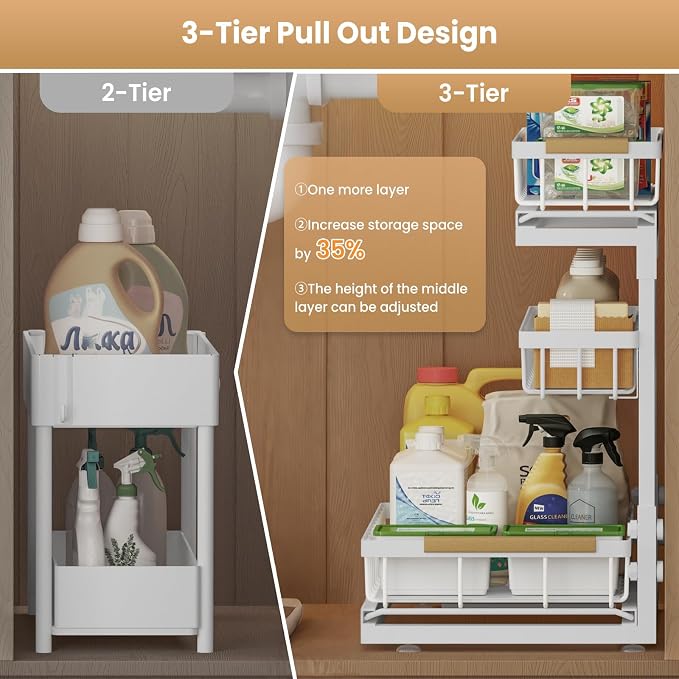 Under Sink Organizer and Storage for Bathroom and Kitchen - 2 Pack 3 Tier | Under Cabinet Pull Out Shelf Organizers - Slide Out Drawer Organization for Home Cabinets Shelves and Drawers
