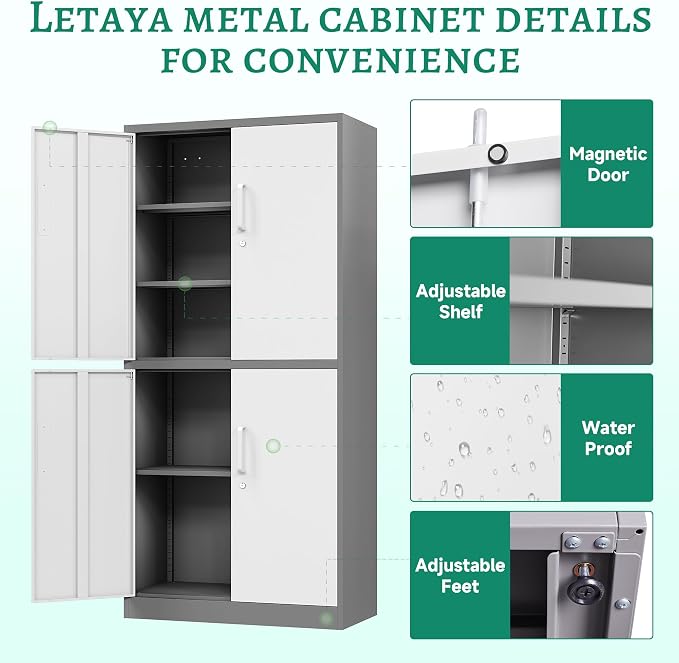 Metal Storage Cabinet with Lock Door, Adjustable Shelf Steel Cabinets for Office, Home,Pantry,Kitchen,Garage Utility Cabinet (4 Door-White&Gray)