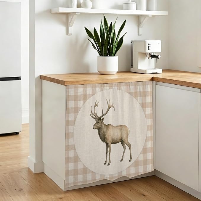 Majestic Buck Cabinet Dishwasher Hidden Curtains, Privacy Closet Door Curtain, Vintage Natural Buck Rustic Linen Plaid Adhesive Dust Proof Under Sink Skirt for Bathroom Kitchen 35"x35"