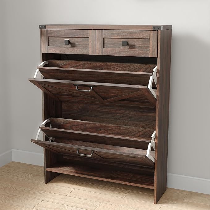 Halitaa Shoe Cabinet with 2 Flip Drawers & 2 Drawers,Farmhouse Shoe Storage Cabinet for Entryway,Slim Freestanding Narrow Organizer Rack for Front Door Entrance,Dark Walnut