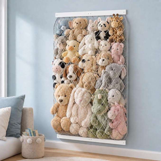 Stuffed Animal Storage Holder, Elastic Stuffed Animal Net,Door/ Wall Mount Length Adjustable Hanging Stuffed Animal Organizer, Plushie Net For Nursery Play Room-White Boards Patent