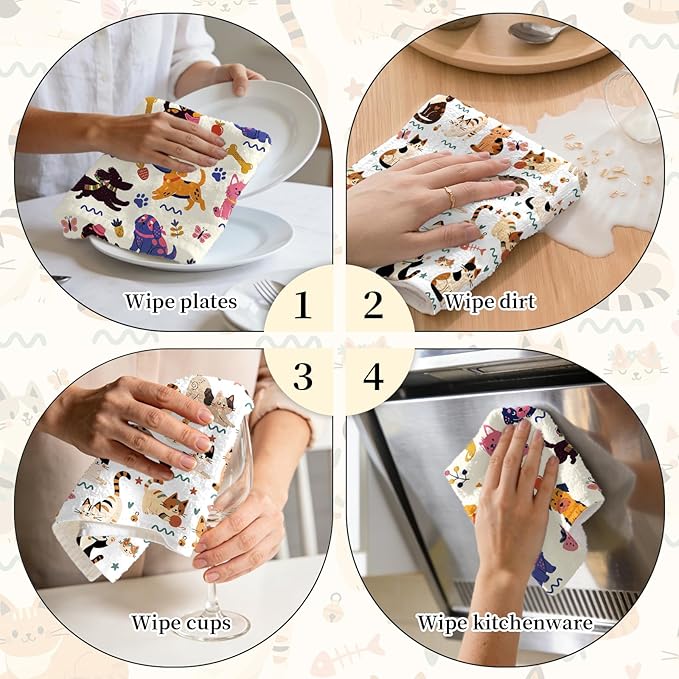 Cat Dog Kitchen Towels, 2 Pcs Dogs Dish Towels, Absorbent Dish Towel for Kitchen Drying Dog, Dish Cloths Funny Cute Housewarming Gifts for Women Cats Dogs Lovers