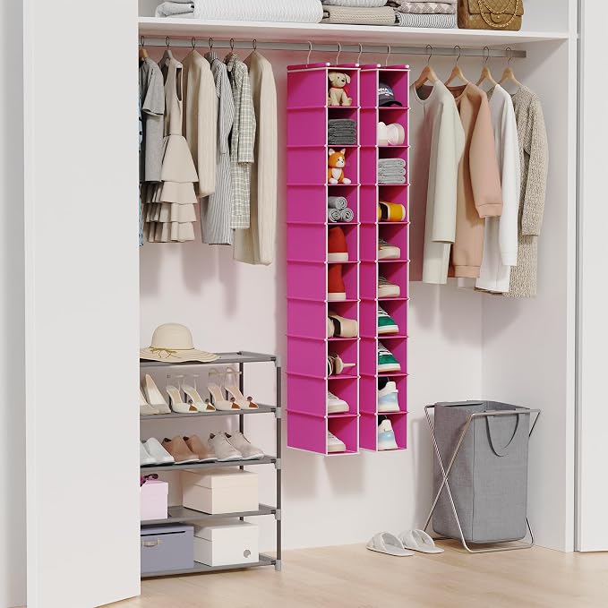 MAX Houser 2 Pack 10 Tier Slim Hanging Shoe Organizer Pink | Foldable Hanging Shoe Storage Shelf with 2 Metal Hooks, Space Saving Storage for Narrow Space