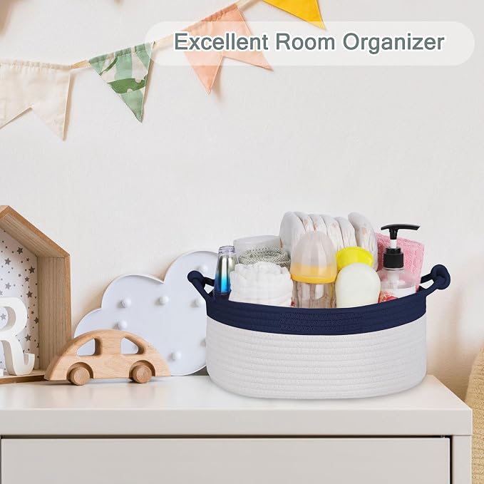 COMSE Small Gift Basket Empty with Bag & Ribbons, Navy Blue & White | Cotton Rope, 12"x 8"x 5", Pet Toy Storage Organizer, Woven Basket for Birthdays, Baby Showers, Mother’s Day, Valentine’s Day
