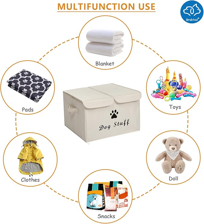 Large Dog Toys Storage Box Canvas Storage Basket Bin Organizer with Lid - Collapsible Linen Bin Ideal for Organizing Dog Cat Toys and pet Stuff-PP Boad-17" x 12" x 10" - Slub Beige