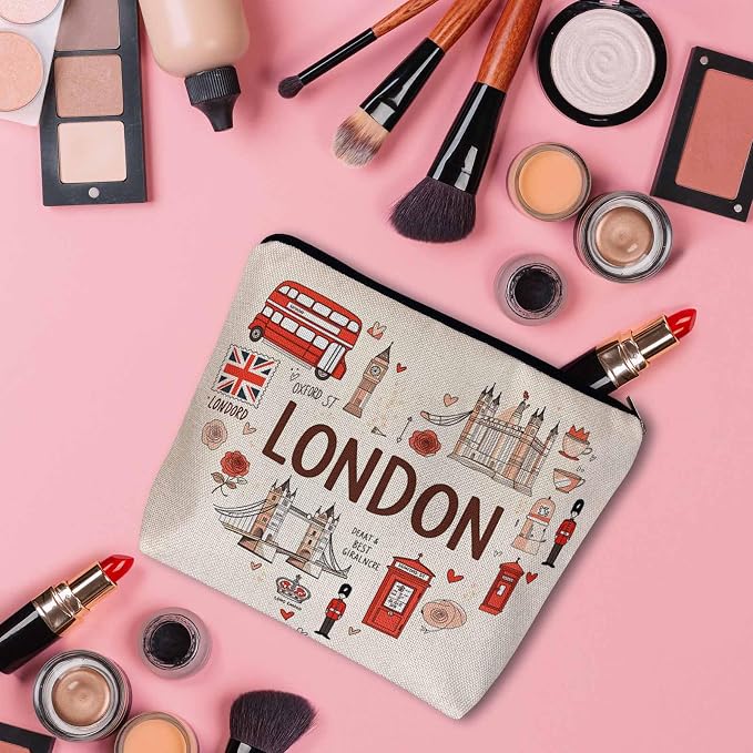 Women Makeup Organizer Bag London, Heart Shape I Love London Quote Flax Cosmetic Bag Makeup Bags Toiletry Bag Accessories Organizer Travel Bags For Home Bathroom Office Hotel Gym