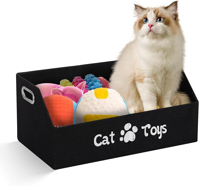 19.7 Inch Cat Toy & Supplies Storage Organizer with Metal Handles | Foldable Fabric Bin Kitten Pet Chest Trapezoid Container for Organizing Cats Clothes Accessories
